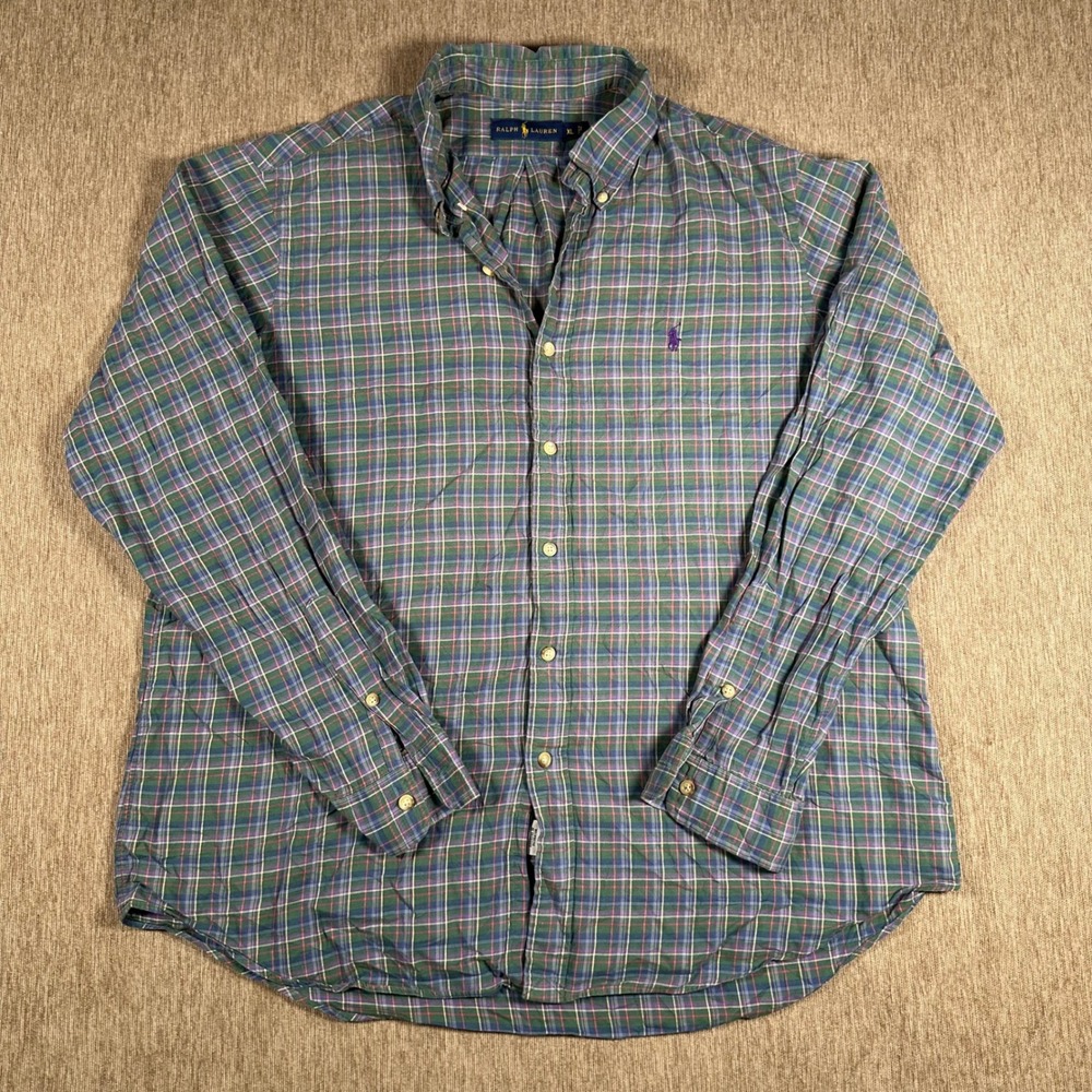 Ralph Lauren Mens XL Plaid Button Down Shirt Green Blue Purple Cotton RN 41381
